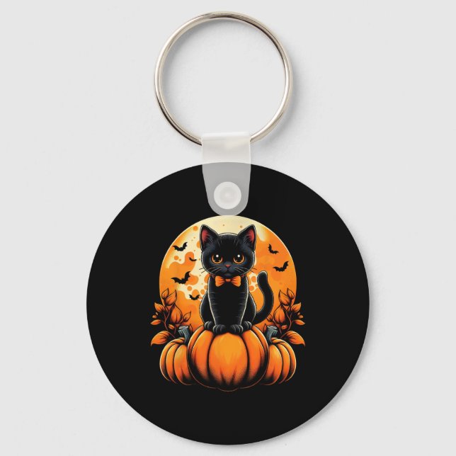 Chaveiro Retro Black Cat Pumpkin Halloween Fall Aut (Frente)
