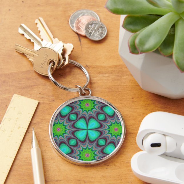 Chaveiro Retro Boho Hippie Green Clover Psicedelic Mandala (Mesa)