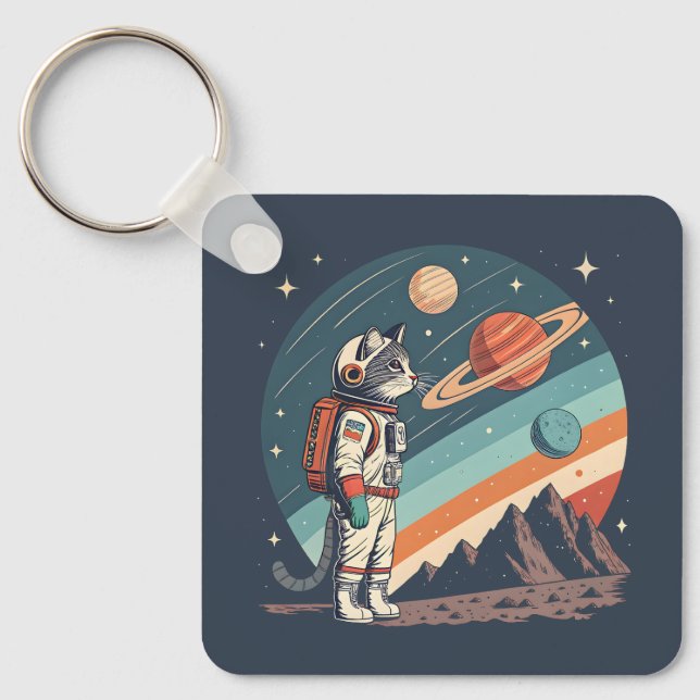 Chaveiro Retro Cat Astronaut Cosmic Space Illustration (Frente)