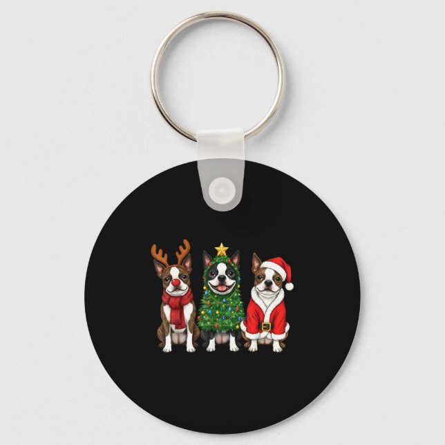 Chaveiro Retro Christmas Boston Terrier Santa Reindeer Dog  (Frente)