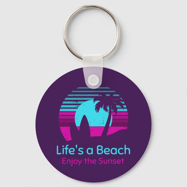 Chaveiro Retro Sunset Surfboard Palm Tree Life's a Beach (Frente)