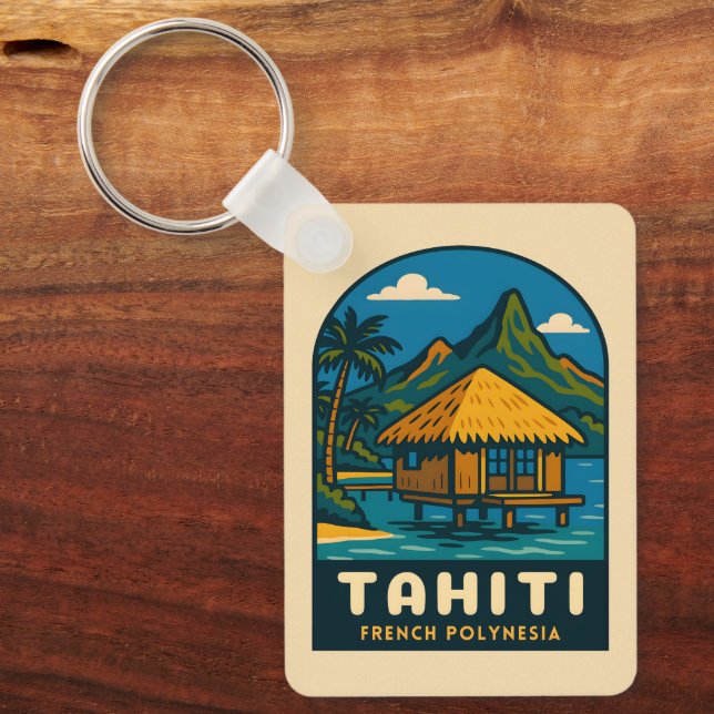 Chaveiro Retro Vintage Travel Tahiti French Polynesia Beach (Frente)