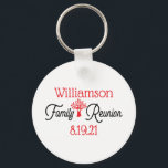 Chaveiro Reunião de Árvore da Família de Eventos Modernos<br><div class="desc">Crie um botão de manutenção de memória para a próxima reunião familiar. Design vermelho,  branco e preto moderno com layout tipográfico,  apresenta uma árvore genealógica com coração no meio da árvore. Adicione seu nome e data do evento de reunião.</div>