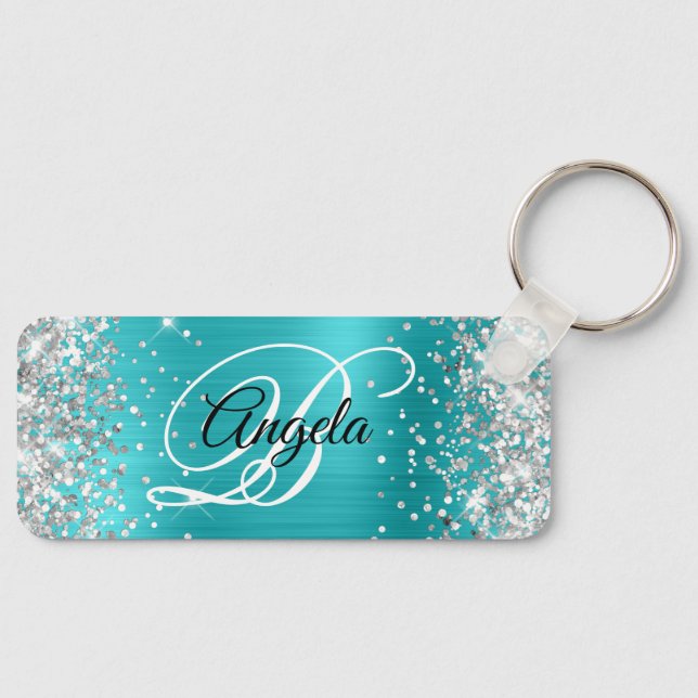 Chaveiro Rico De Folha De  Azul Turquoise De Prata Monogram (Frente)