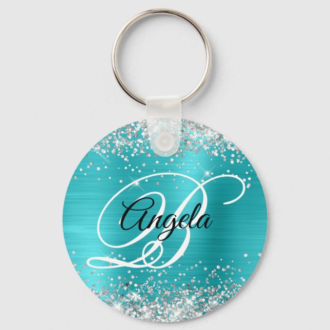 Chaveiro Rico De Folha De  Azul Turquoise De Prata Monogram (Frente)