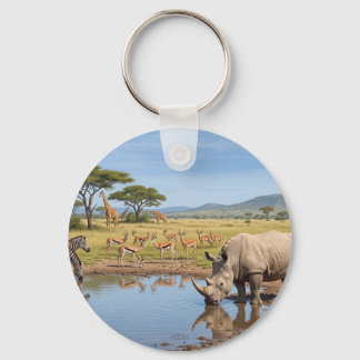 Chaveiro Rinoceronte Bebendo no Poço de Água na Savana Foto