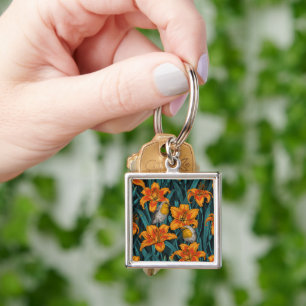 Chaveiro Robins e flores, cor de laranja e azul