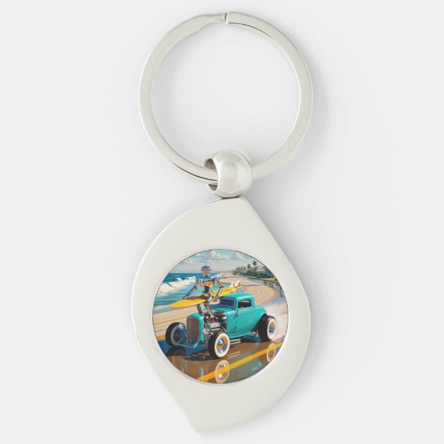 Chaveiro robô vintage com surfboard , na praia (Frente)