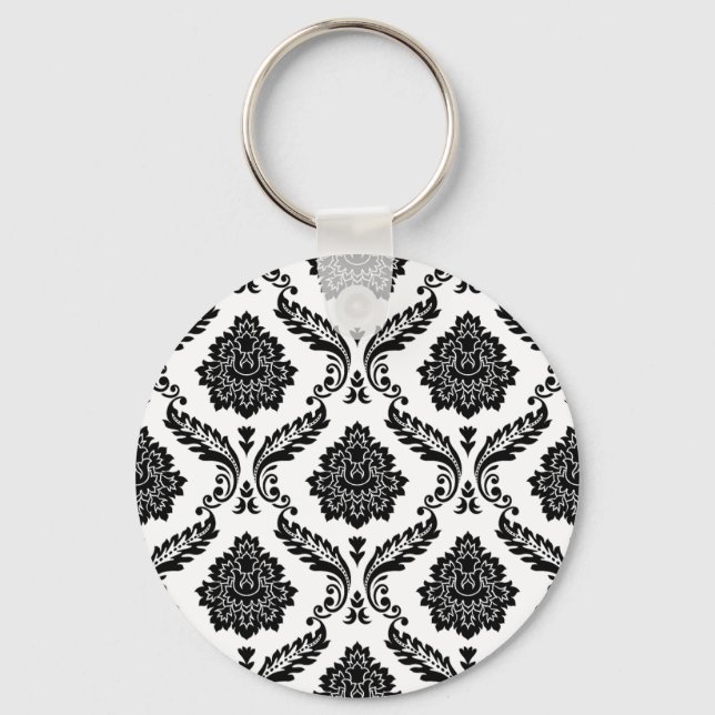 Chaveiro Rococo Damask Pattern Black on White (Frente)