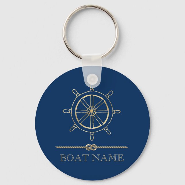 Chaveiro Roda de Leme Náutico Dourada, Azul Marinho    (Frente)
