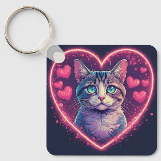 Chaveiro Romantic Cat Lover Gift | Aesthetic Neon Animal