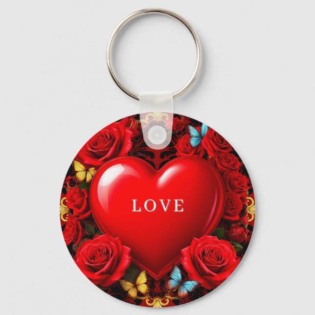 Chaveiro Romantic Red Heart Framed by Roses and Butterflies (Frente)