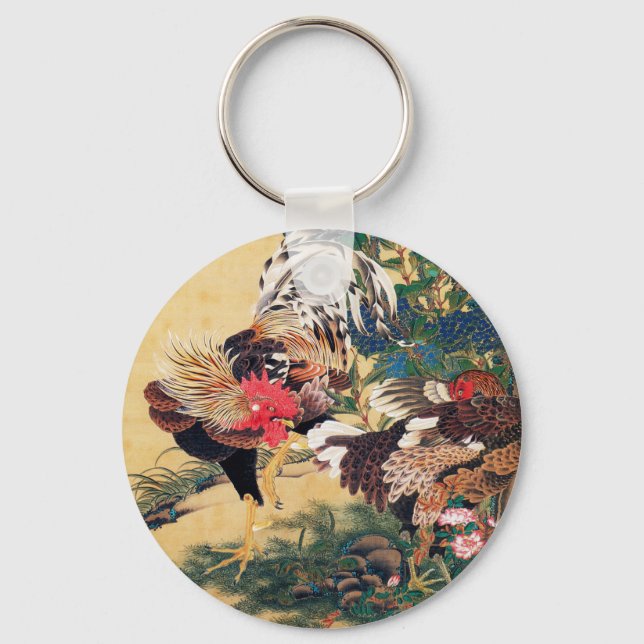 Chaveiro Rooster e Hen com Hydrangeas por Ito Jakuchu (Frente)