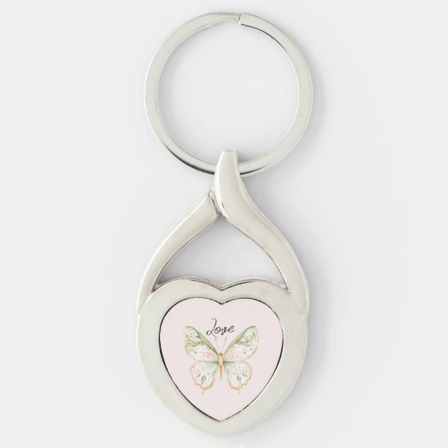 Chaveiro Rosa Bege Verde Menta Dourado Borboleta Amor (Frente)