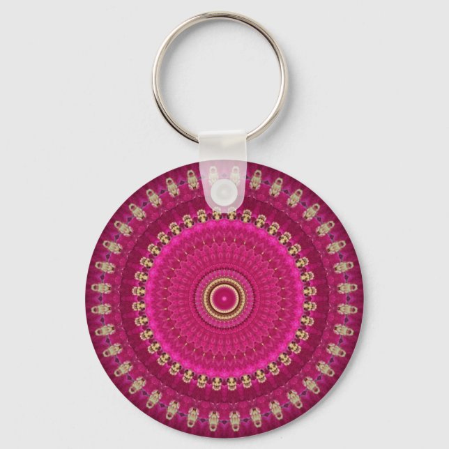 Chaveiro Rosa Brilhante com Desenho de Mandala Amarela (Frente)