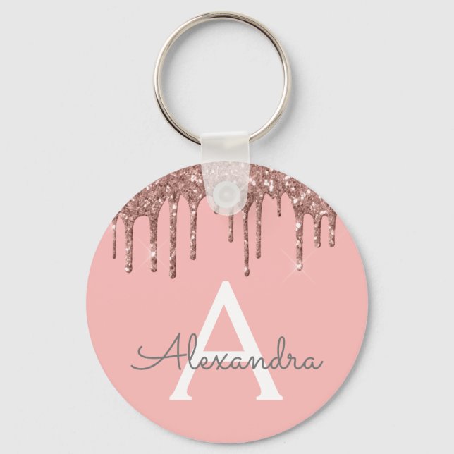Chaveiro Rosa Dourado Falso Brilho Glitter Monograma (Frente)