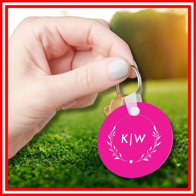 Chaveiro Rosa e Branco | Monograma de Iniciais Modernos (Pink and White | Modern Initials Monogram Keychain)