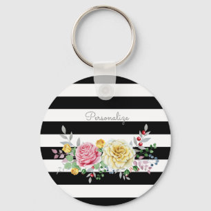 Chaveiro Rosa Floral Chic Trendy Black Stripes e nome