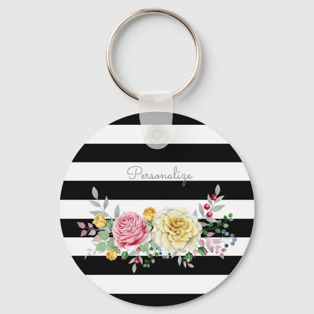 Chaveiro Rosa Floral Chic Trendy Black Stripes e nome (Frente)