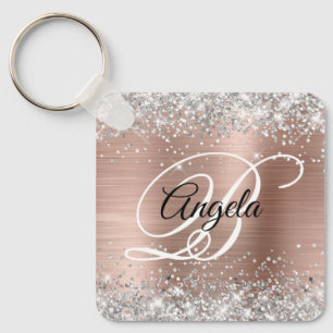 Chaveiro Rosa Glitter Prata Folha de Ouro Monograma Chique
