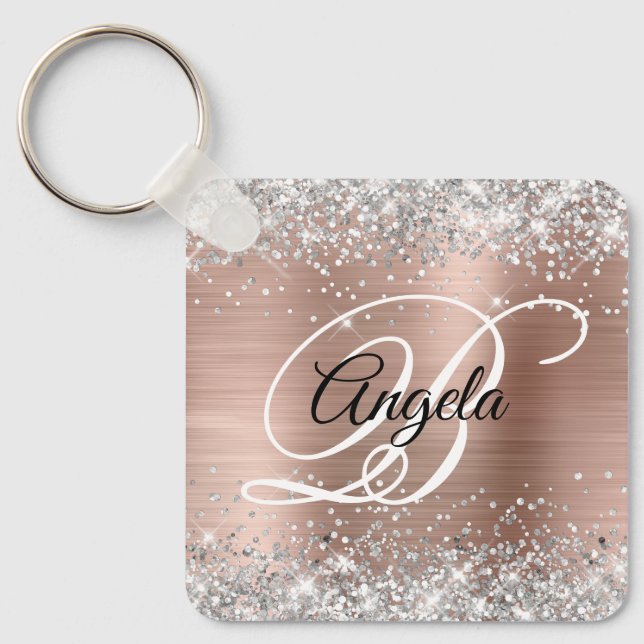 Chaveiro Rosa Glitter Prata Folha de Ouro Monograma Chique (Frente)
