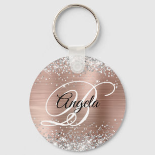 Chaveiro Rosa Glitter Prata Folha Dourada Monograma Chique