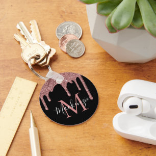 Chaveiro Rosa Negra Dourado Brilho Gotas Monograma