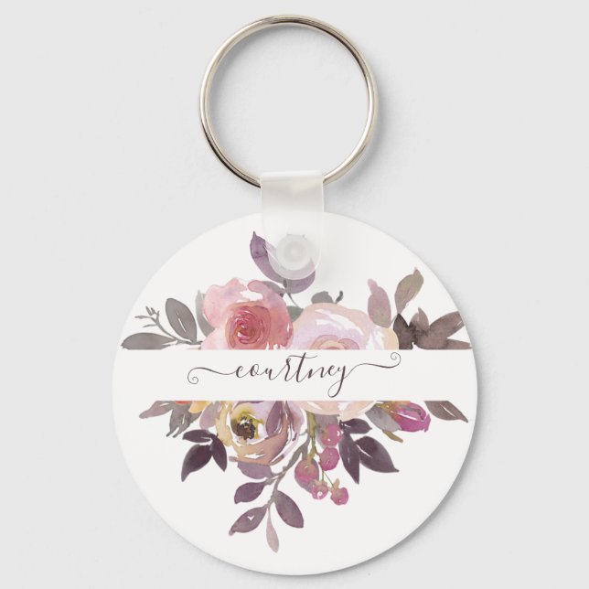 Chaveiro Rosa pastel e floral personalizado roxo  (Frente)