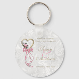 Chaveiro Rosa Romântica, Coração Dourado & Fita Rosa