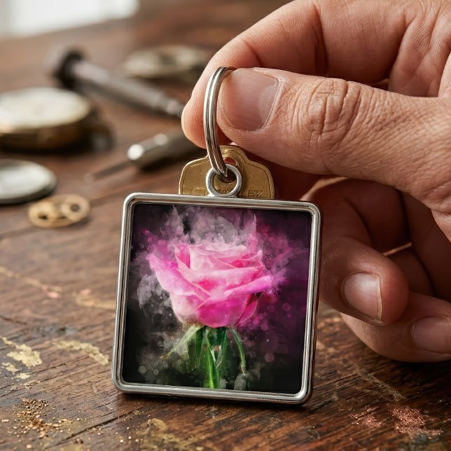 Chaveiro Rosa Rosa Aquarela em Fundo Preto (Pink Rose Watercolor on Black Background. Keychain)