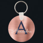 Chaveiro Rosa Rosa Rosa Rosa Dourada Marinho Azul Monograma<br><div class="desc">Cor rosa rosa rosa Dourada e Marinho azul Faux Stainless Steel Metallic Elegant Chaveiro. Esses Chaveiros podem ser personalizados para incluir seu nome e nome inicial. Estas correntes-chave fazem favores de excelente,  chá de panela ou festa de solteira.</div>
