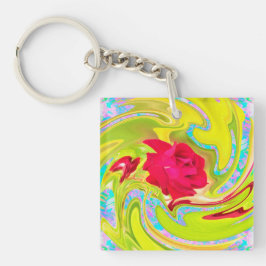 Chaveiro Rosa vermelha abstrato em espiral amarela e aqua