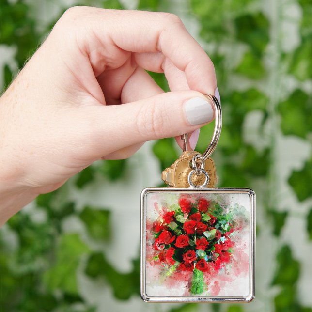 Chaveiro Rosa vermelha de flor de Buquê aquosa - wb (Criador carregado)