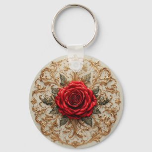 Chaveiro Rosa Vermelha Elegante Com Floral Dourada Ornament