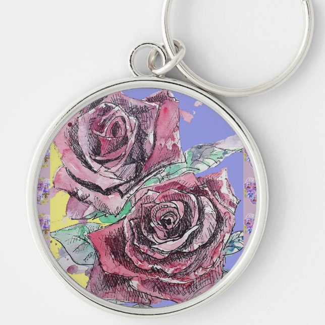 Chaveiro Rosa vermelha Flores de Aquarela Rosas Florais Pin (Frente)