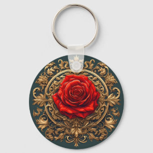 Chaveiro Rosa Vermelha Ornamentada Com Moldura Barroca Dour