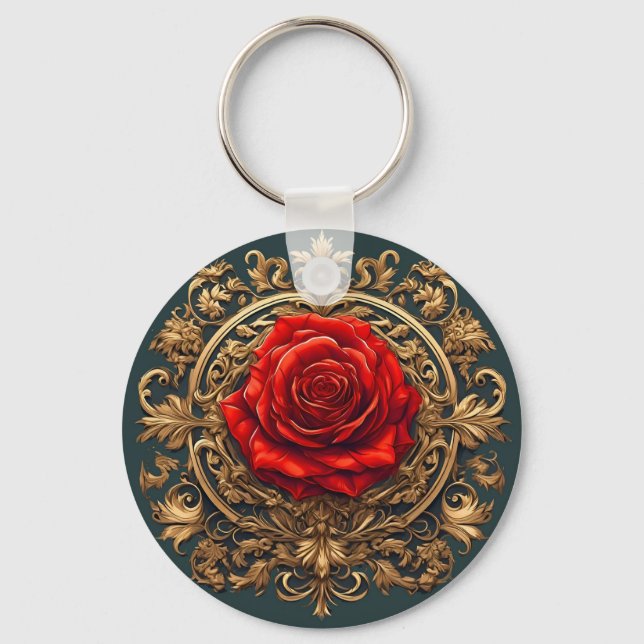 Chaveiro Rosa Vermelha Ornamentada Com Moldura Barroca Dour (Frente)