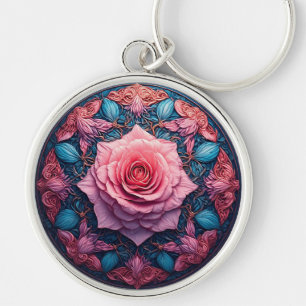 Chaveiro Rosa Vibrante em Flor Surtada por Detalhes Ornamen