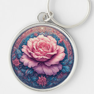 Chaveiro Rosa Vibrante em Flor Surtada por Detalhes Ornamen