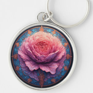 Chaveiro Rosa Vibrante em Flor Surtada por Detalhes Ornamen