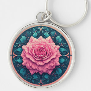 Chaveiro Rosa Vibrante em Flor Surtada por Detalhes Ornamen
