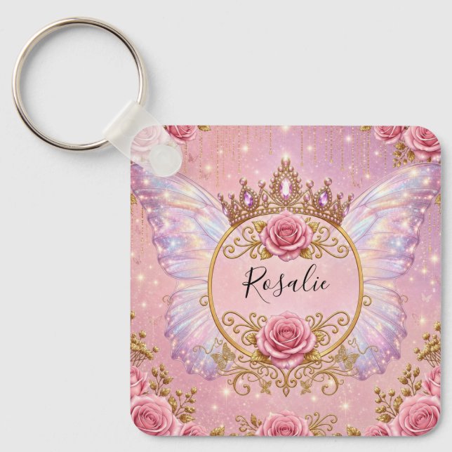 Chaveiro Rosas Borboleta Fada Princesa Floral Rosa e Dourad (Frente)
