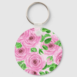 Chaveiro Rosas de aquarelas cor-de-rosa com folhas e padrã