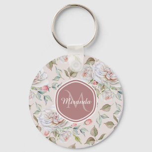 Chaveiro Rosas de creme elegantes monograma floral e nome