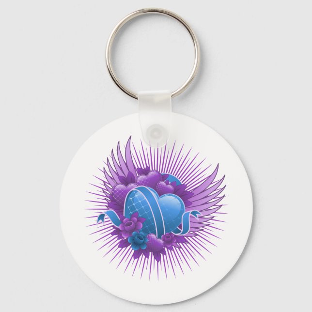 Chaveiro Rosas e Asas de Corações Azuis (Frente)