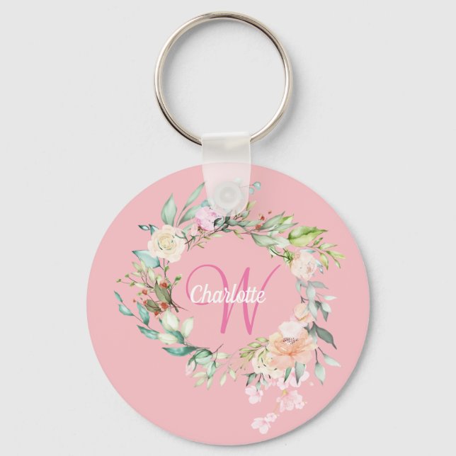 Chaveiro Rosas Floral Inicial Script Monograma Rosa (Frente)