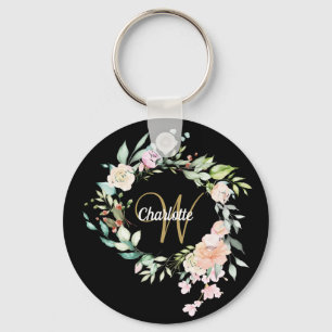Chaveiro Rosas Floral Monograma Script Preto Dourado