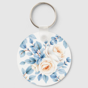 Chaveiro Rosas Pêssego Padrão de Eucalipto Azul Poeirento