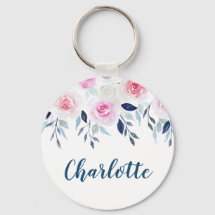 Chaveiro Rosas Rosa Floral Nome Personalizado por Aquarela