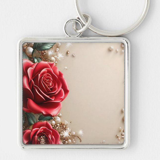 Chaveiro Rosas Vermelhas Elegantes Com Ornamentos Dourados (Frente)